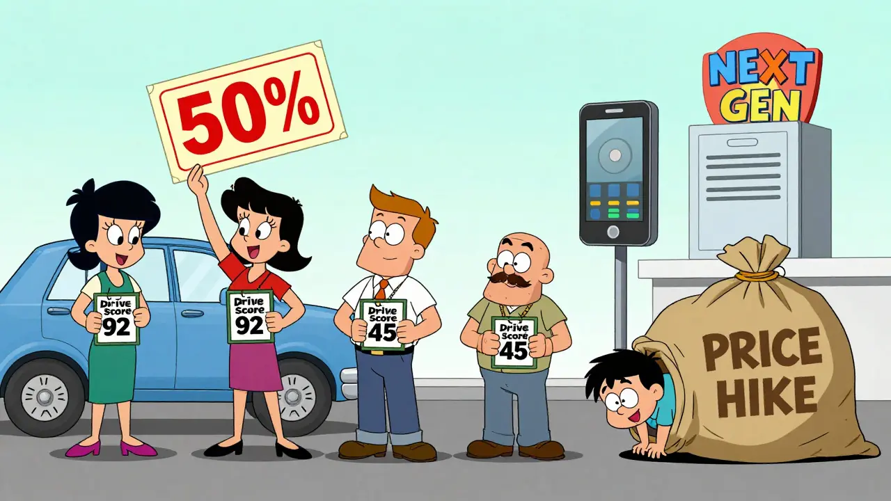 Семья водителей с персональными баллами, одна получает 50% скидку, другая — штраф.