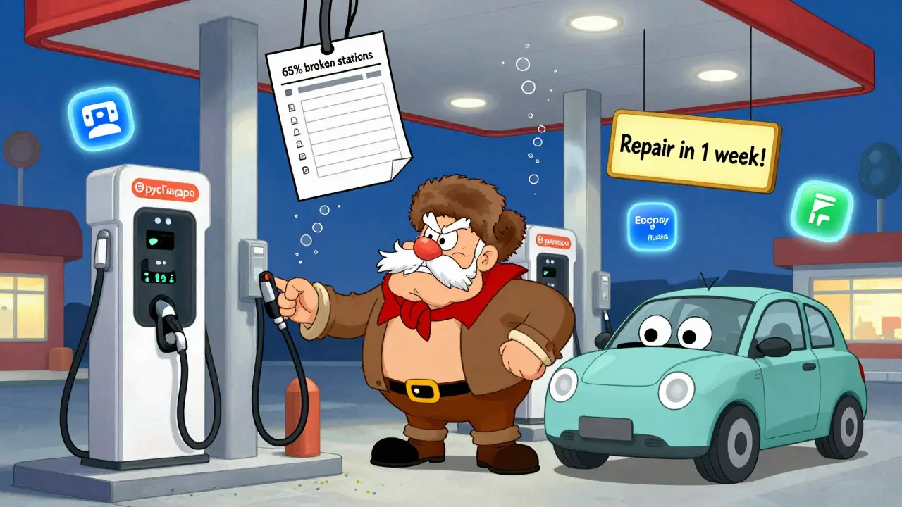 Смешной сценарий: мужик чинит сломанную зарядку на АЗС, а машина ждет с улыбкой, рядом — иконки приложений.