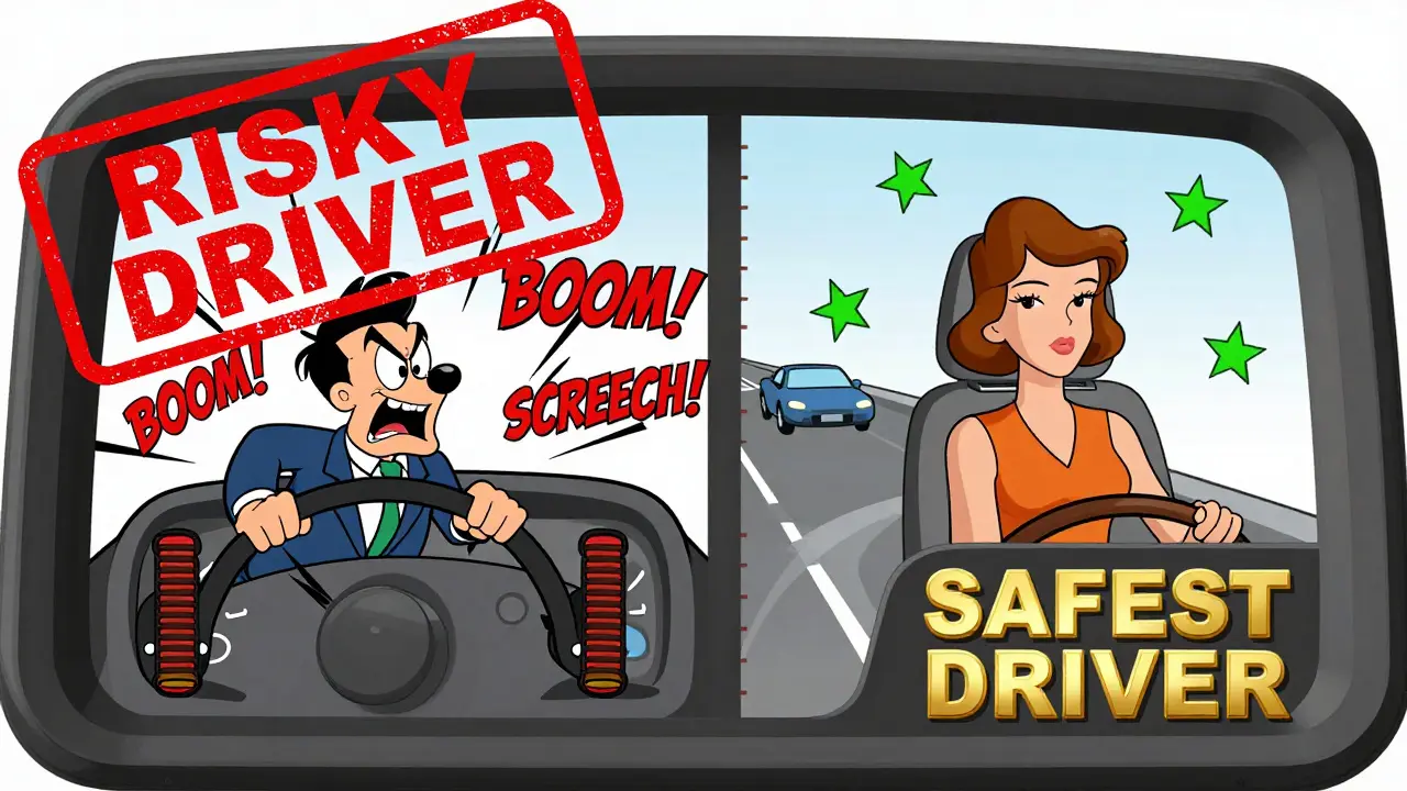 Сравнение агрессивного и спокойного стиля вождения с cartoon-эффектами и оценками безопасности.