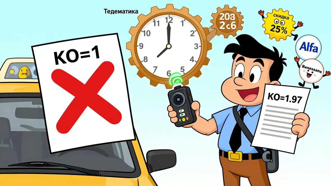 Сравнение двух страховок: одна с ошибкой КО=1, другая с правильным КО=1,97 и трекером, персонажи в мультяшном стиле.