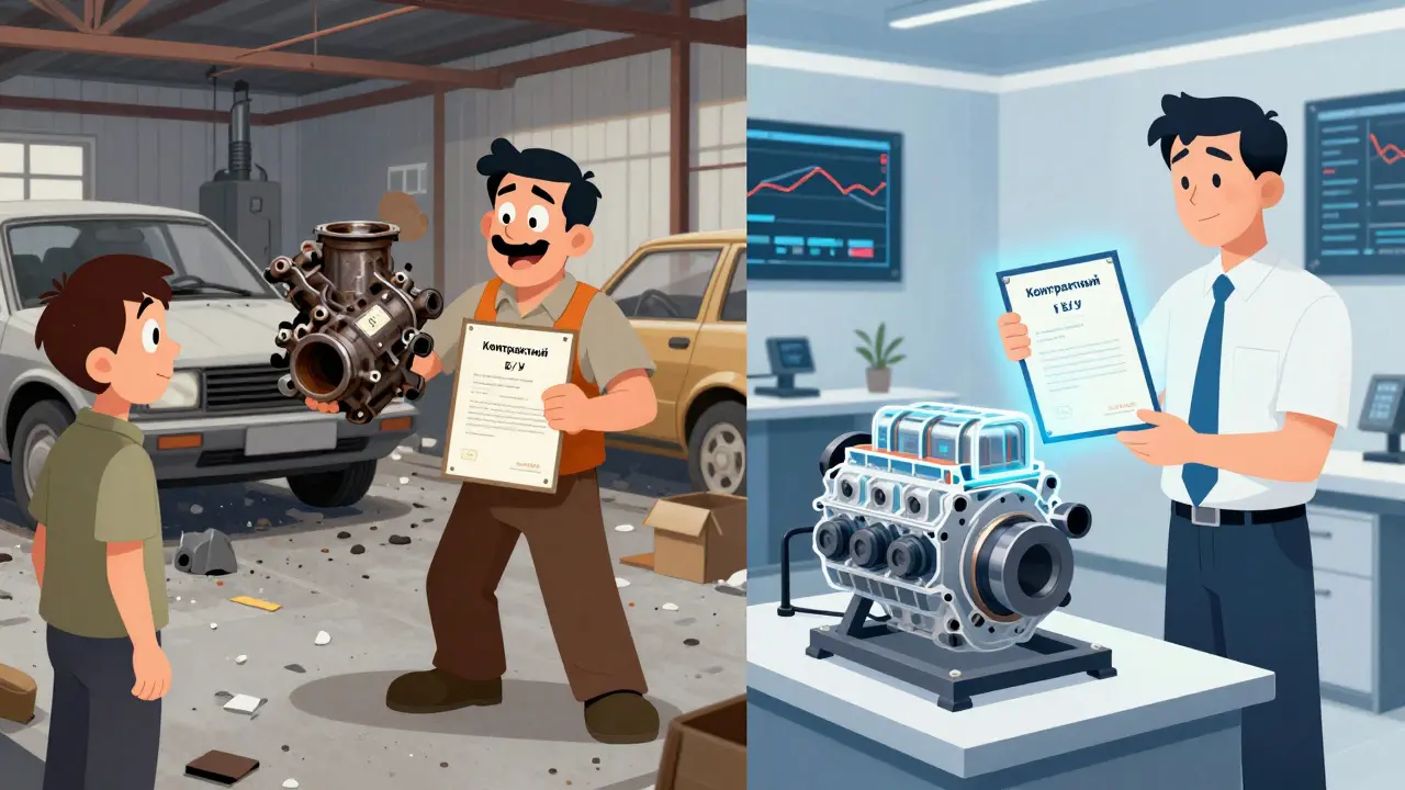 Сравнение поддельной и настоящей контрактной запчасти в стиле мультфильма