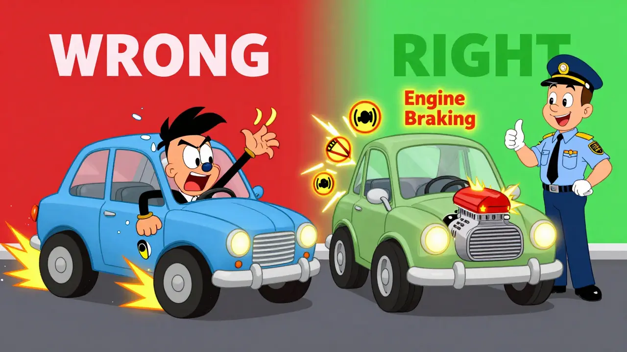 Сравнение резкого и плавного торможения: слева — паника и искры, справа — спокойствие и работа двигателя.