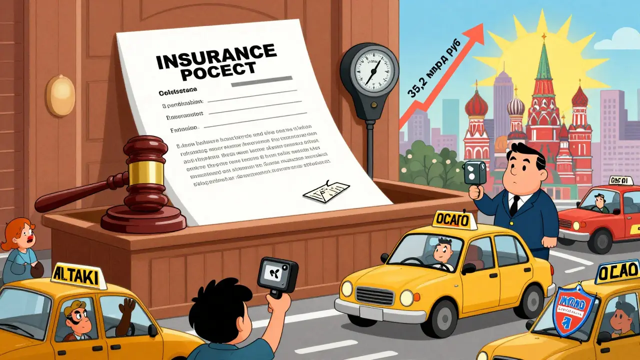 Суд над неправильной страховкой: герой с лицензией и трекером против безответственного водителя, в стиле мультфильма.