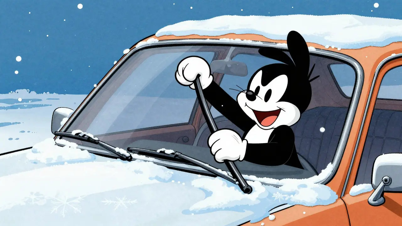 Установка зимней щетки на автомобиль с снегом в мультяшке