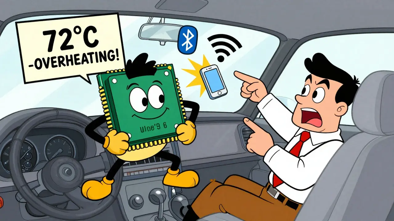 Внутри автомобильной панели борется мощный восьмиядерный процессор с перегревающимся слабым чипом, вокруг — плавающие значки Bluetooth и Wi-Fi.