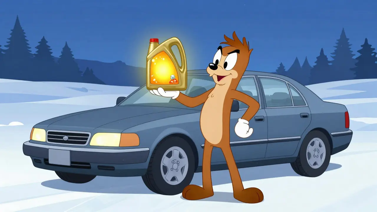 Водитель держит канистру масла на снежном фоне в карикатуре