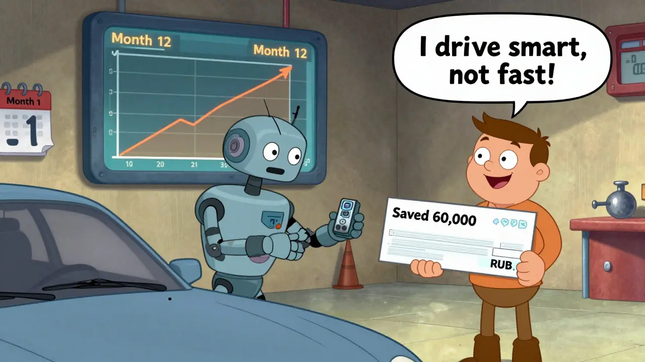 Водитель получает чек на 60 000 рублей за экономию, за ним — график роста балла за год.