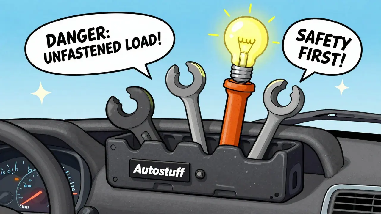 Водитель устанавливает жёсткий органайзер, над головой светится лампочка идеи.