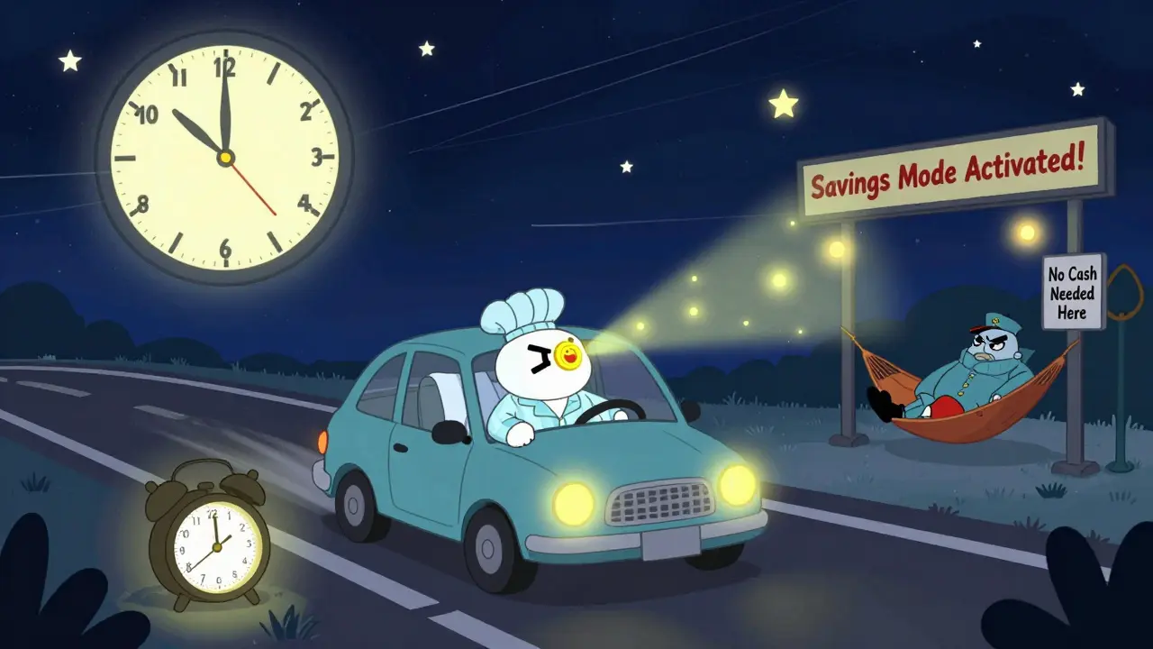 Водитель в пижаме едет ночью по трассе, транспондер светится как супергеройский значок, а часы показывают 2 часа ночи.