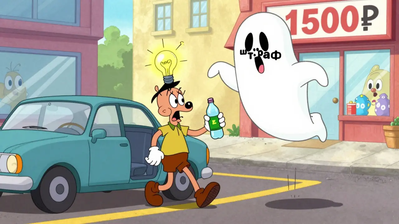 Водитель выходит из машины у пунктирной желтой разметки, над ним появляется призрачный штраф.