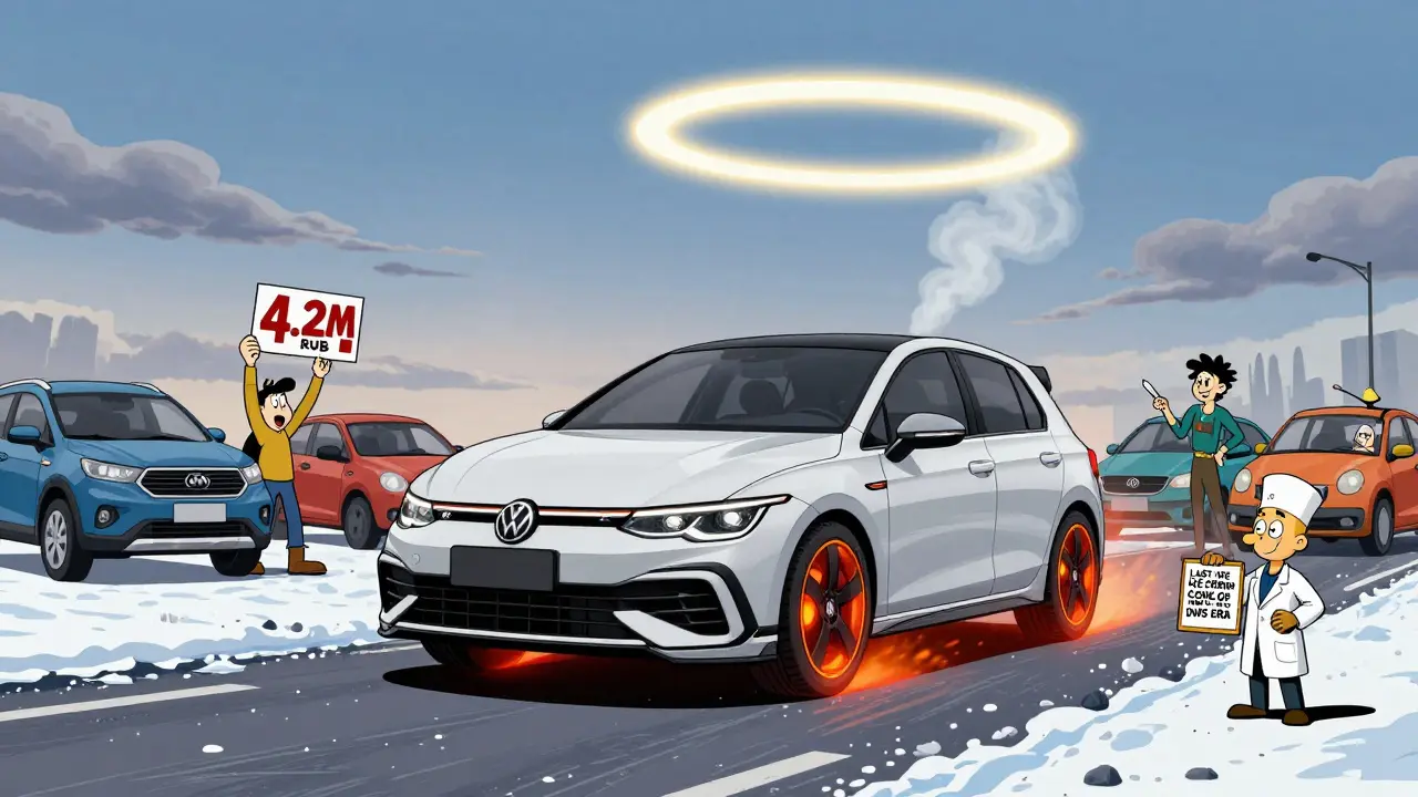 Volkswagen Golf R 2025 как герой на снегу, его тормоза светятся, другие машины смотрят с восхищением.