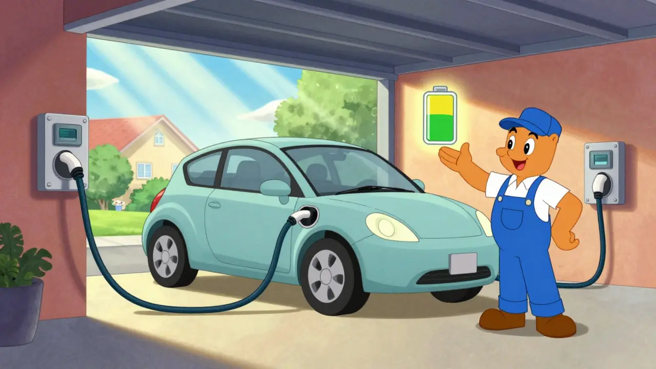 Зарядка электрокара в гараже под присмотром механика