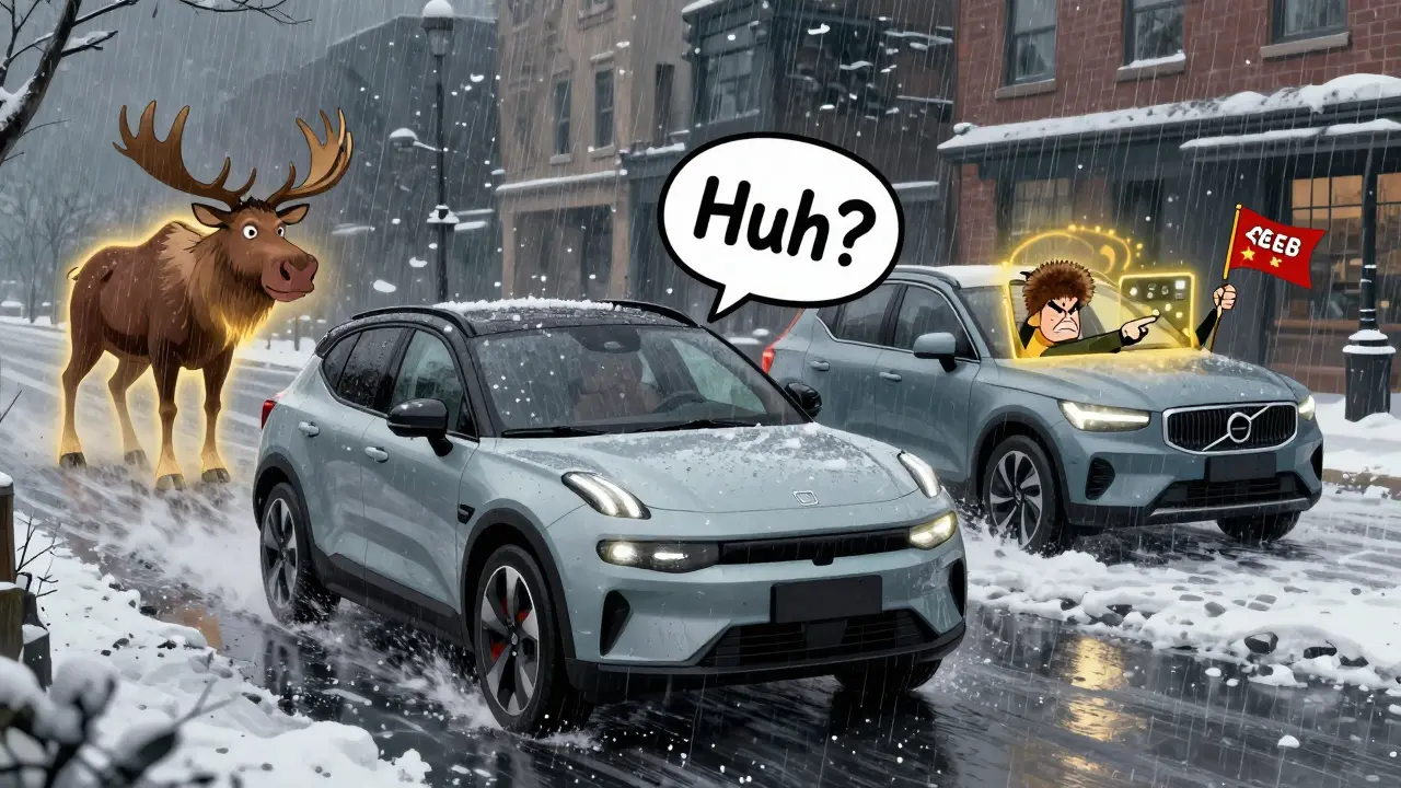 Zeekr X в снегу с неисправной системой безопасности, рядом — надежный Volvo с золотым сиянием.