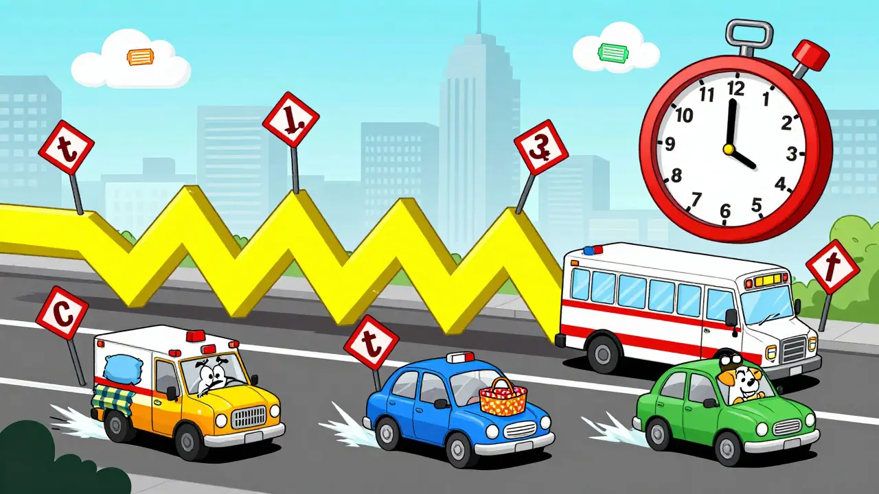 Зигзагообразная желтая разметка на дороге, автобус и скорая стоят на месте, три машины пытаются припарковаться.