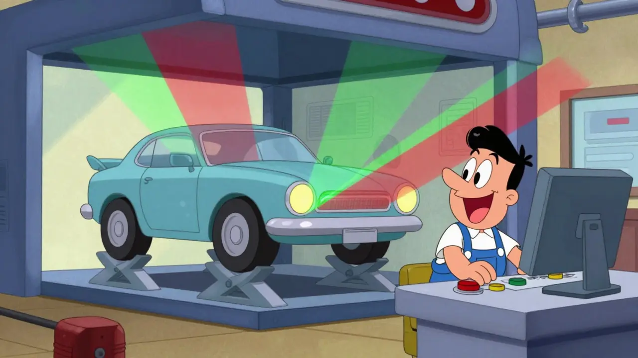 Автомобиль на стенде развала-схождения в автосервисе