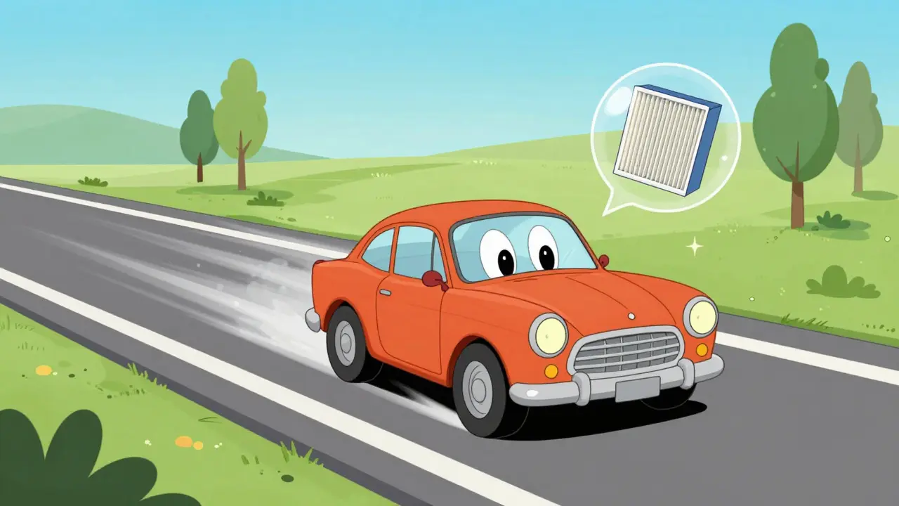 Бодрый автомобиль быстро едет по дороге благодаря новому фильтру