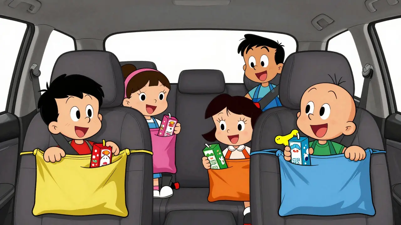 Дети используют подвесные органайзеры на сиденьях автомобиля