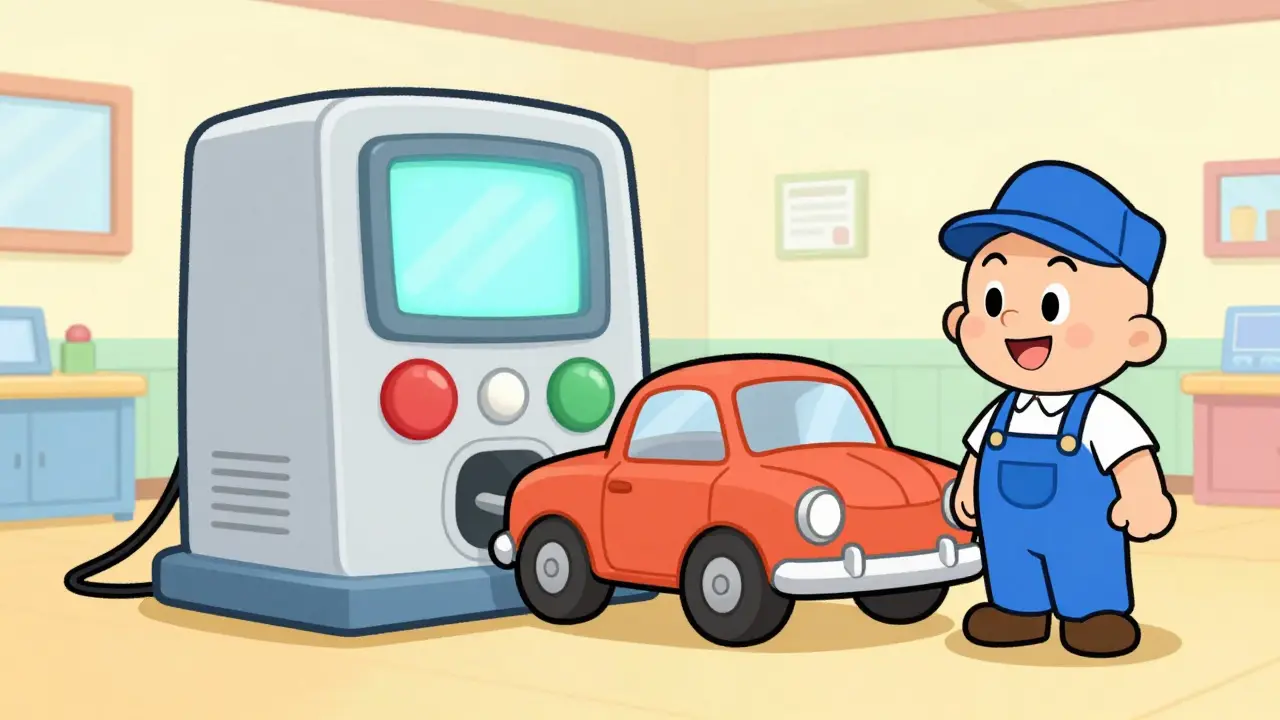 Диагностика автомобиля на современном оборудовании в гараже в стиле мультфильма