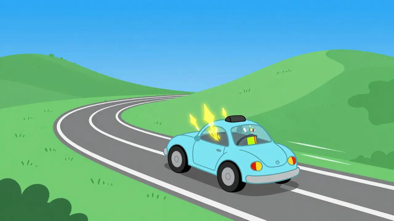 Электромобиль спускается с горы, заряжая аккумулятор в стиле старой анимации