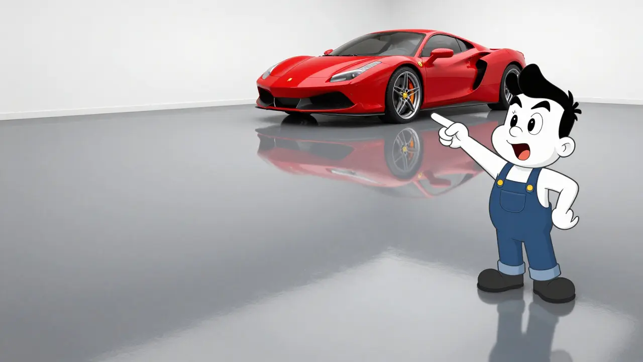 Глянцевый наливной пол в современном гараже с красным авто в стиле мультфильма