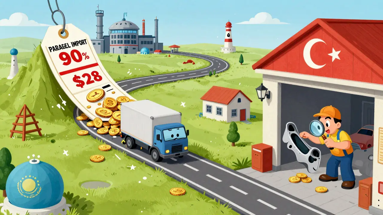 Грузовик с запчастями едет по извилистому пути через страны-посредники к автосервису