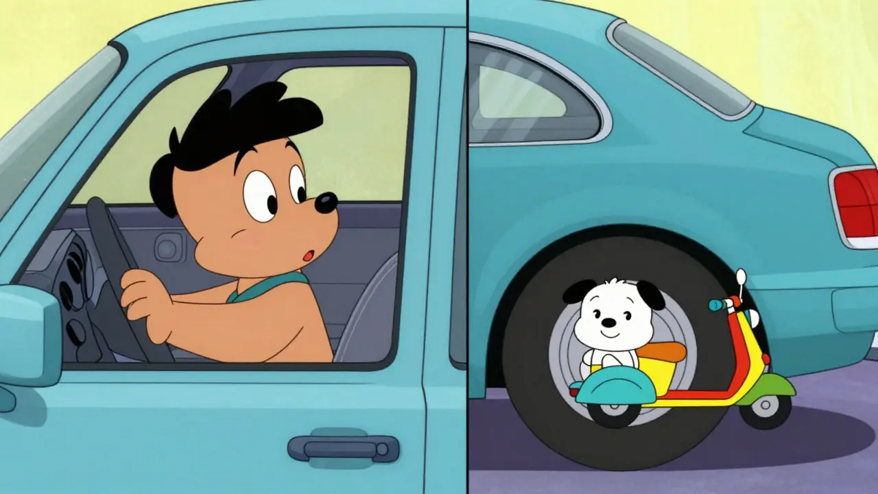 Иллюстрация слепых зон автомобиля с собакой и самокатом позади колеса.