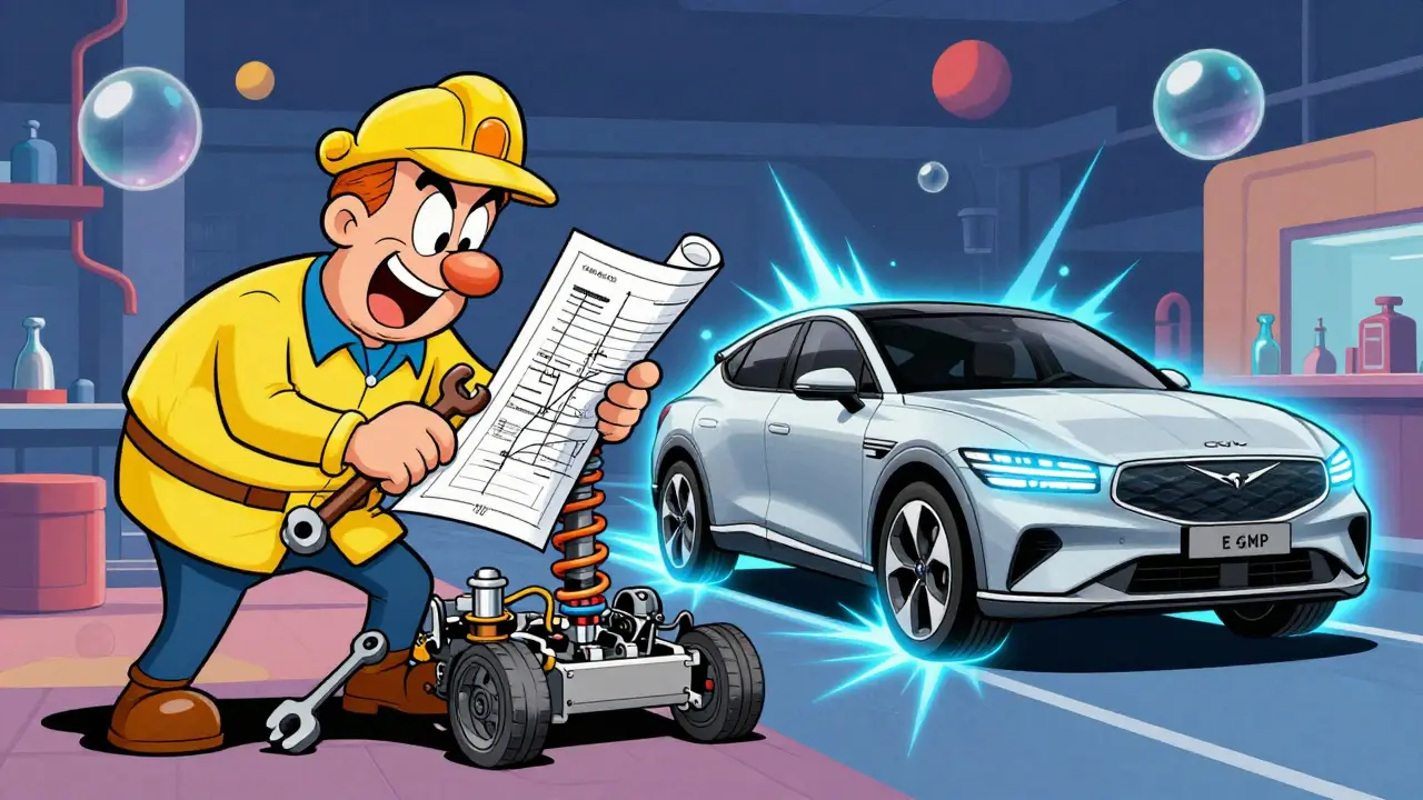 Инженер настраивает подвеску и электромобиль GV60 в стиле ретро-мультфильма