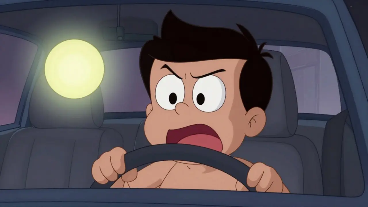 Испуганный водитель смотрит на вспышку дорожной камеры