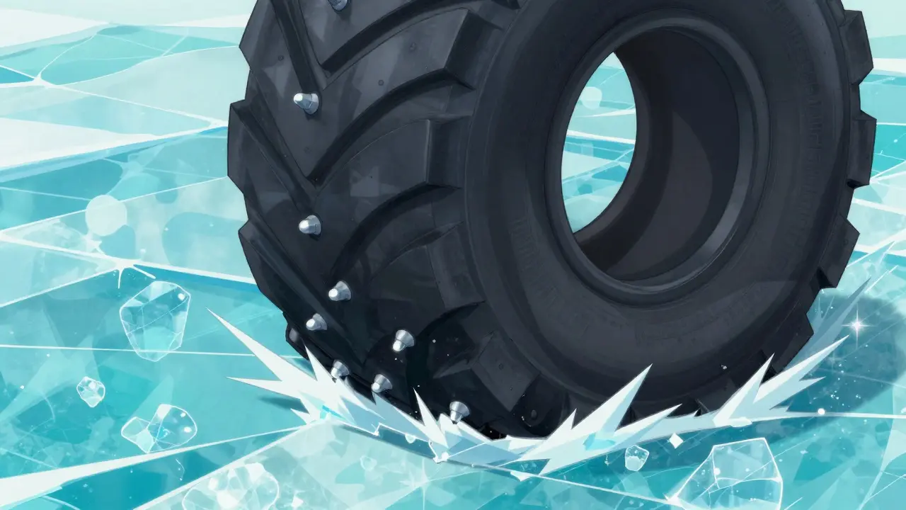 Крупный план шипованной шины, вгрызающейся в лед