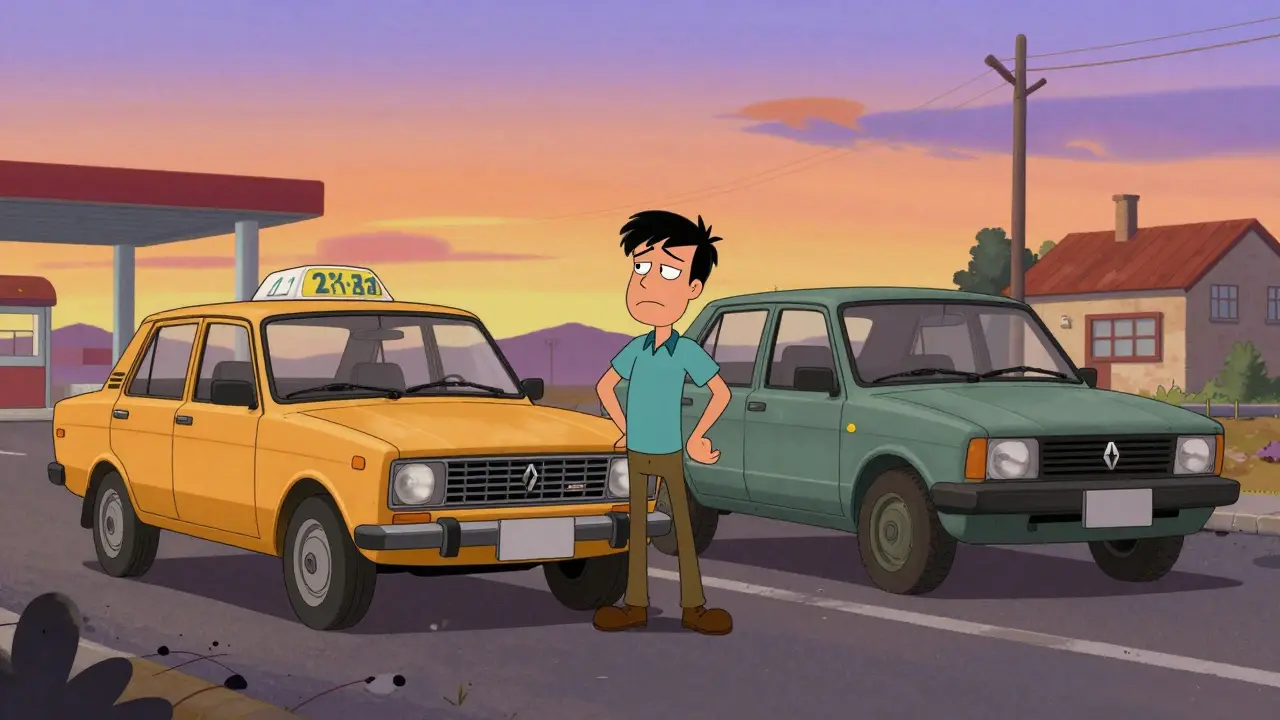 Лада Веста и Рено Логан на региональной дороге в стиле мультфильмов