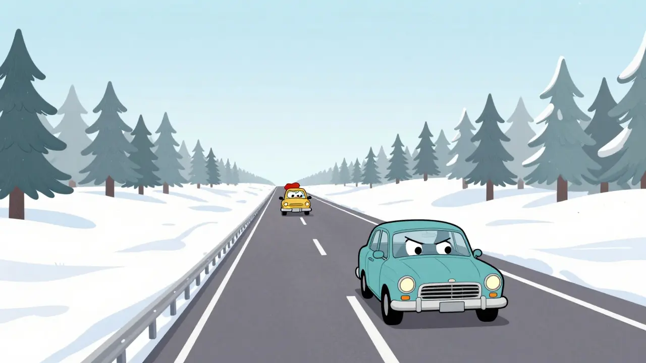 Машина едет по заснеженной трассе, соблюдая безопасную дистанцию