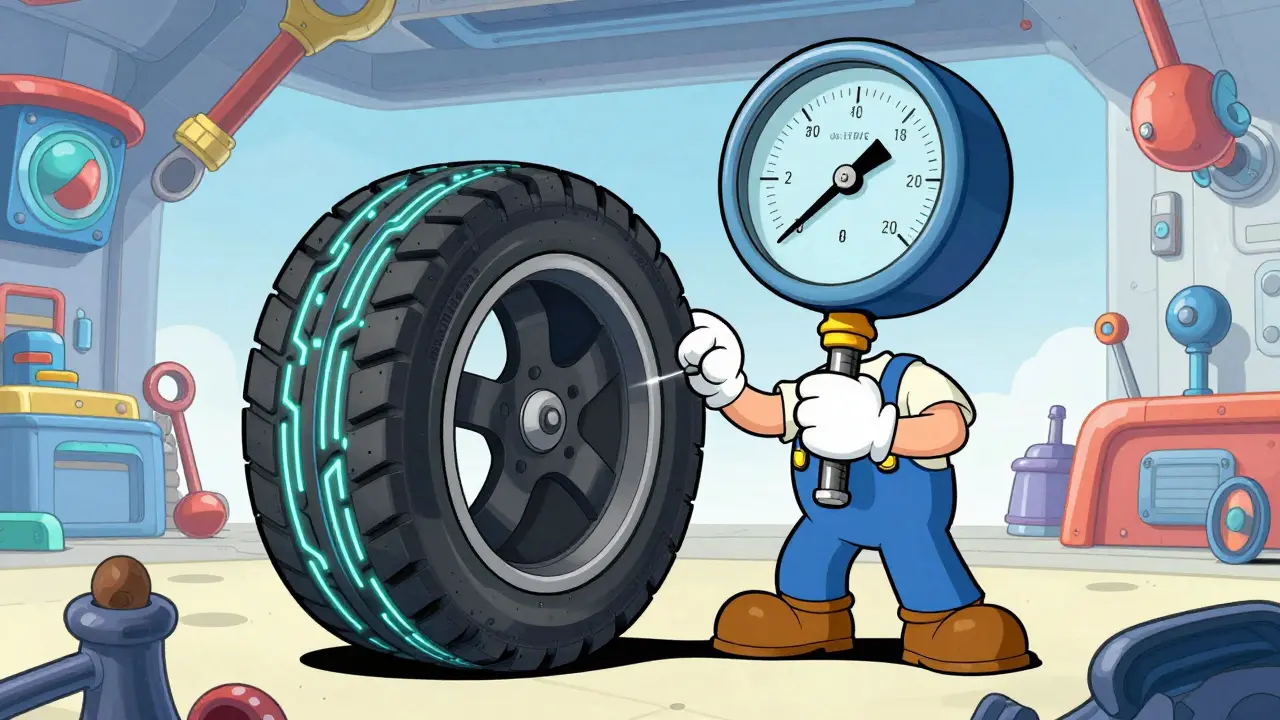 Механик проверяет давление в высокотехнологичной шине в ярком гараже
