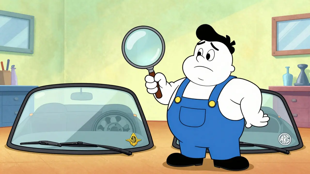 Механик сравнивает оригинальное автостекло с логотипом и качественный аналог в гараже.