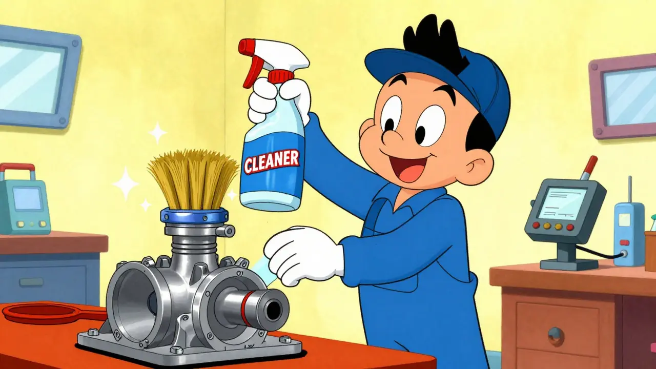 Механик в мультяшном стиле чистит дроссельную заслонку с помощью спрея и щетки