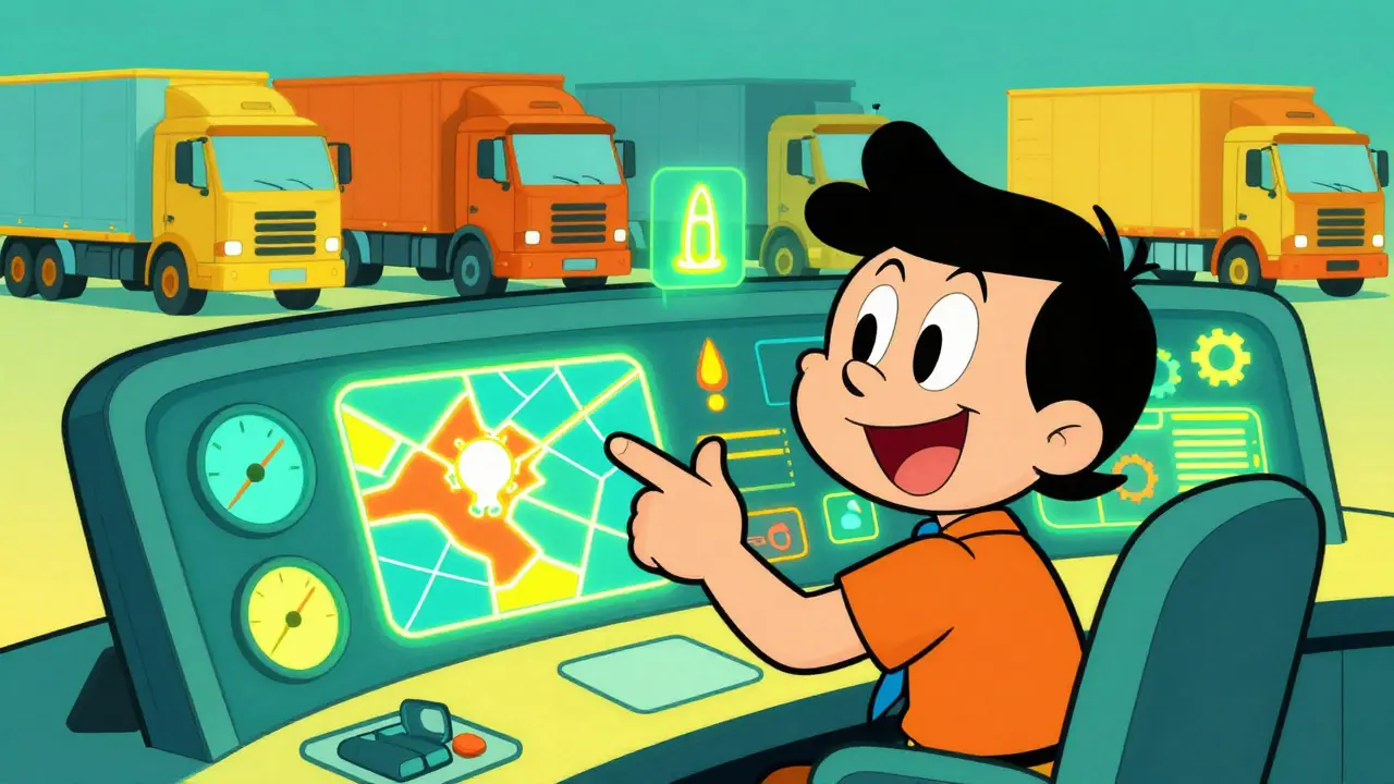 Менеджер автопарка за пультом управления телематикой с яркими графиками и картой