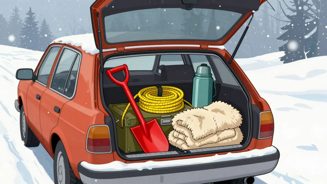 Набор зимних вещей для выживания в открытом багажнике автомобиля