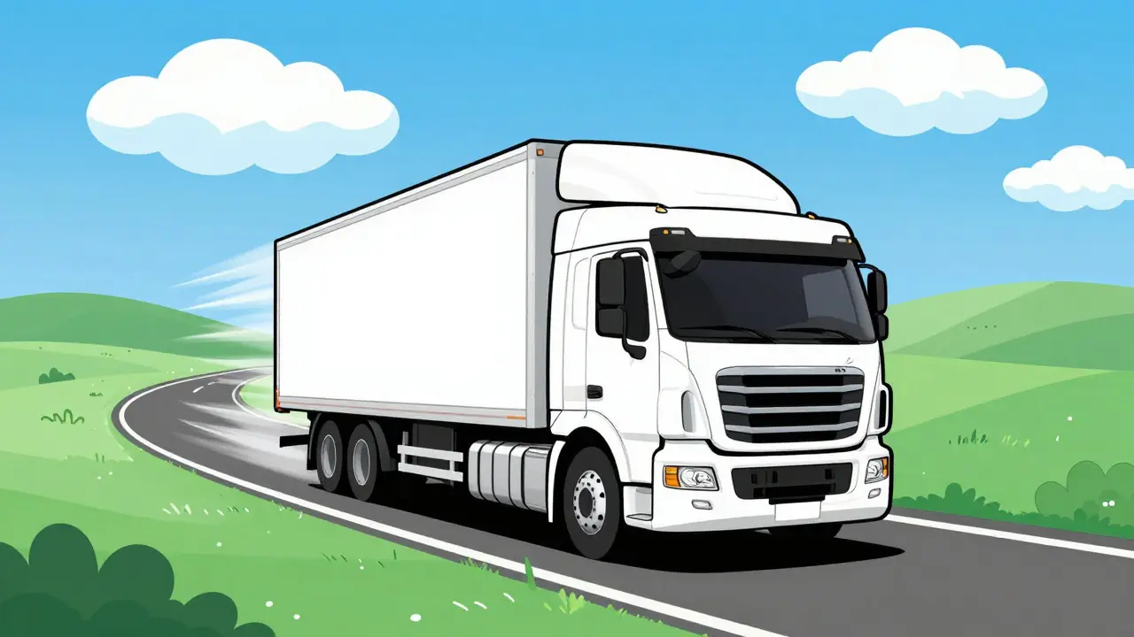 Обтекаемый современный грузовик едет по дороге, демонстрируя идеальную аэродинамику