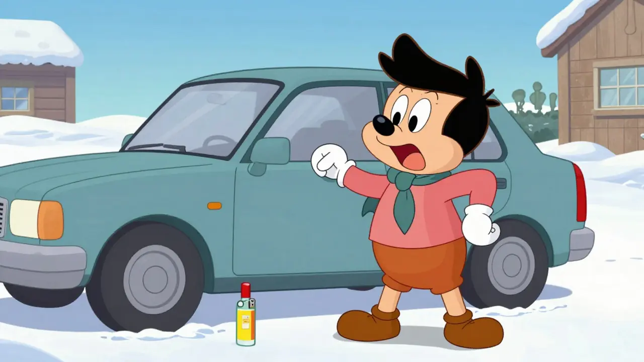 Радостный водитель открыл замерзшую дверь машины в стиле старой анимации