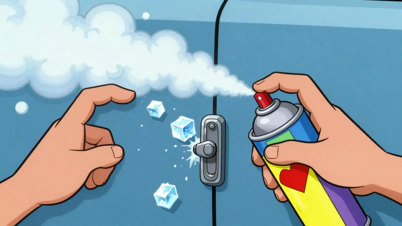 Размораживание замка автомобиля с помощью спрея в стиле ретро-мультфильма