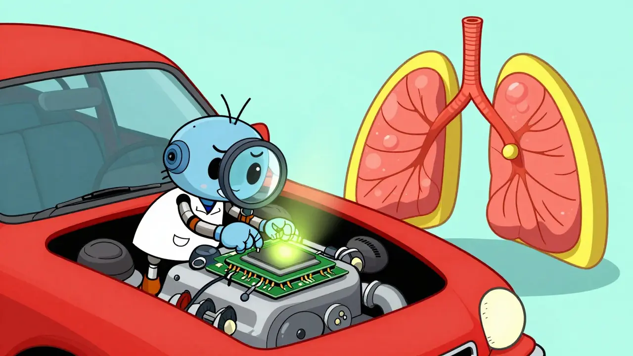 Робот-техник настраивает чип в двигателе автомобиля в мультяшном стиле