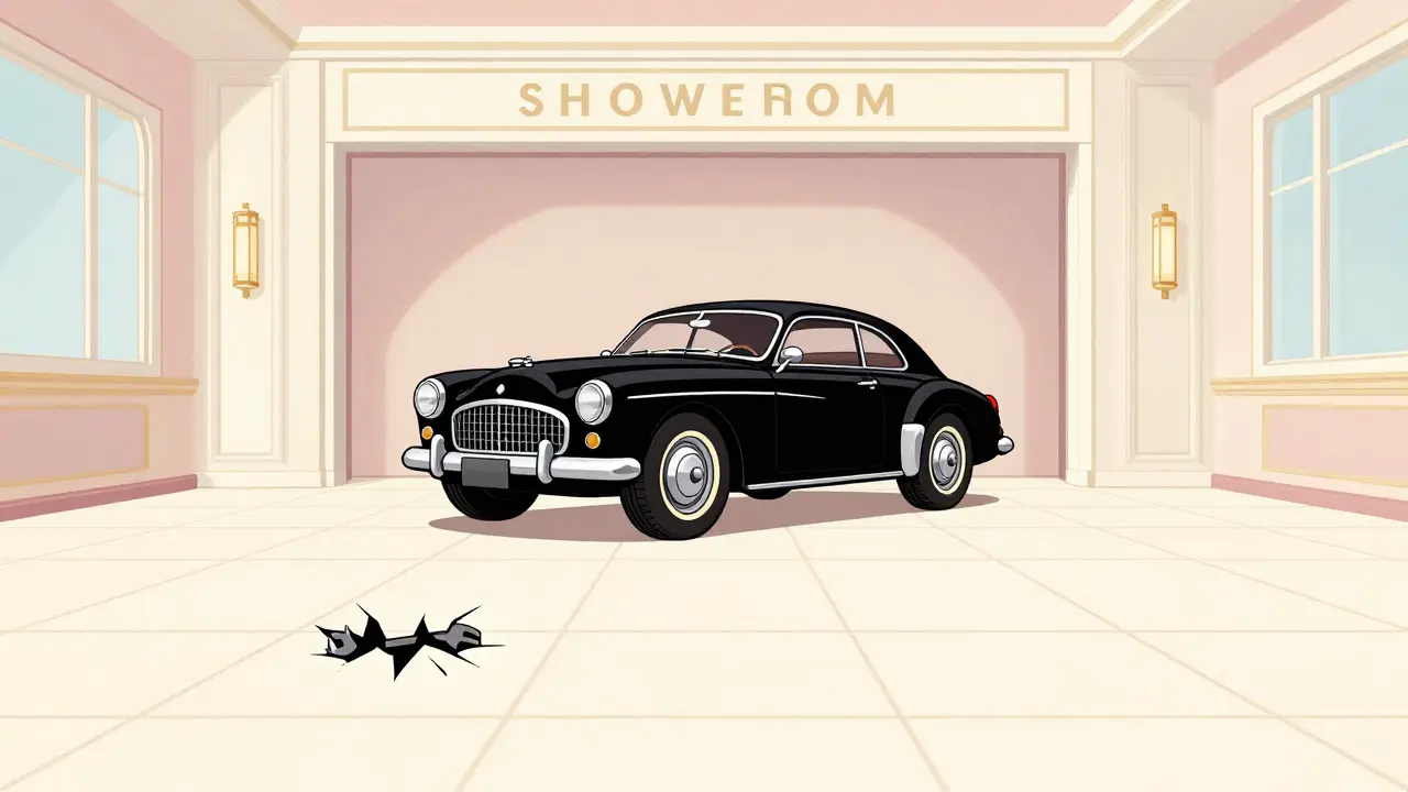 Роскошный гараж с керамогранитом и винтажным автомобилем в стиле иллюстрации