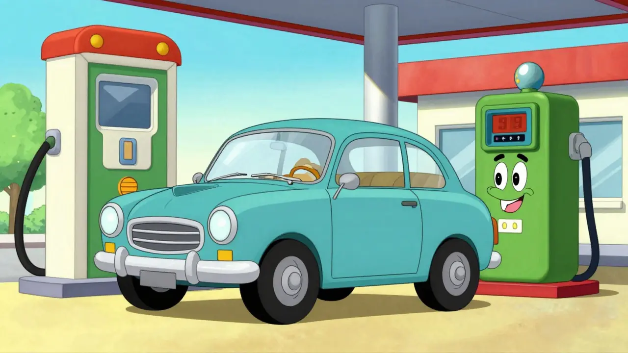 Счастливый автомобиль рядом с цифровым компрессором на заправке в стиле ретро-мультфильма
