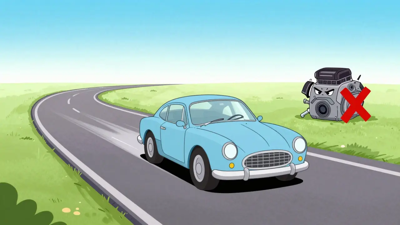 Счастливый автомобиль уверенно едет по дороге, символизируя надежный тюнинг