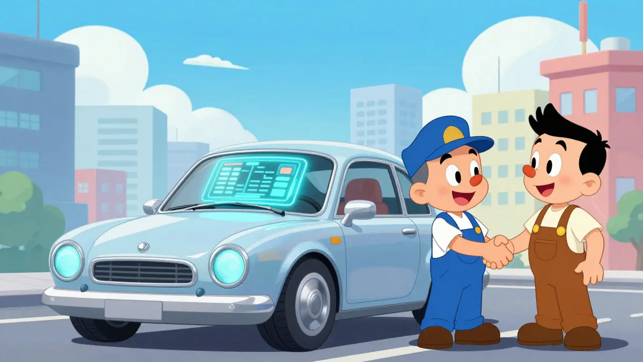 Современный азиатский автомобиль и дружелюбный местный автомеханик в городе