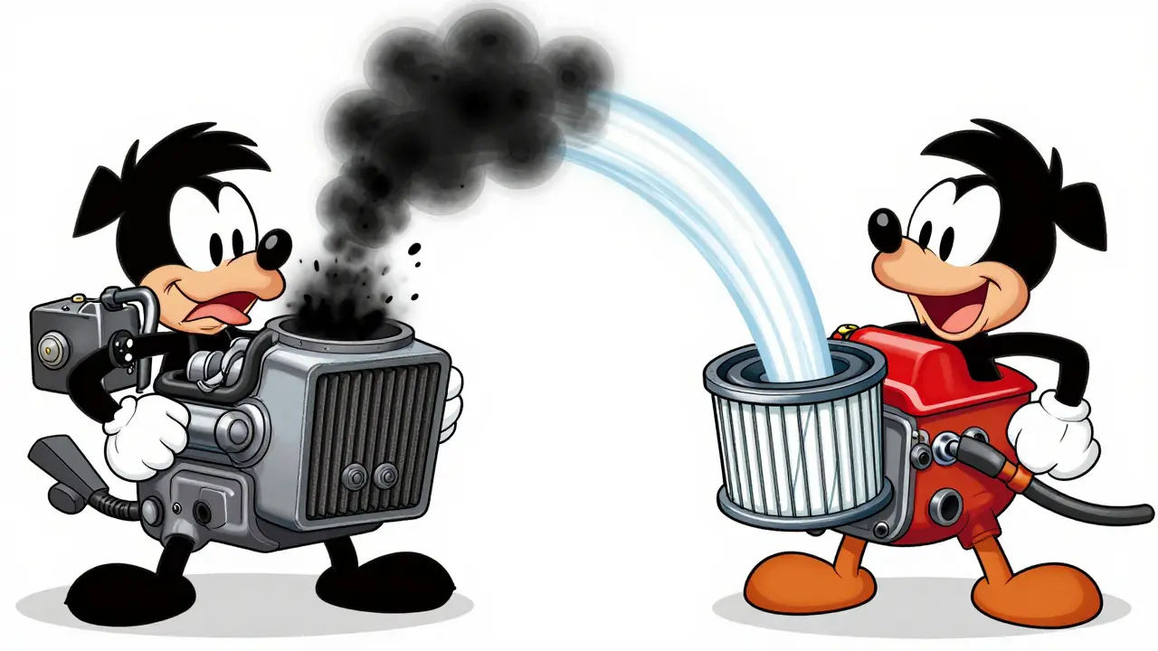 Сравнение работы двигателя с чистым и забитым воздушным фильтром в стиле мультфильма