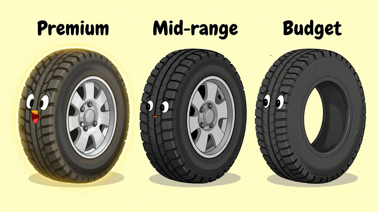 Сравнение трех типов шин: премиальной, средней и бюджетной в стиле мультфильма
