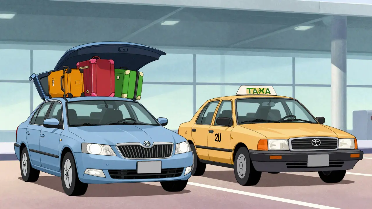 Стилизованная Шкода Октавия с большим багажом и Тойота Королла в аэропорту