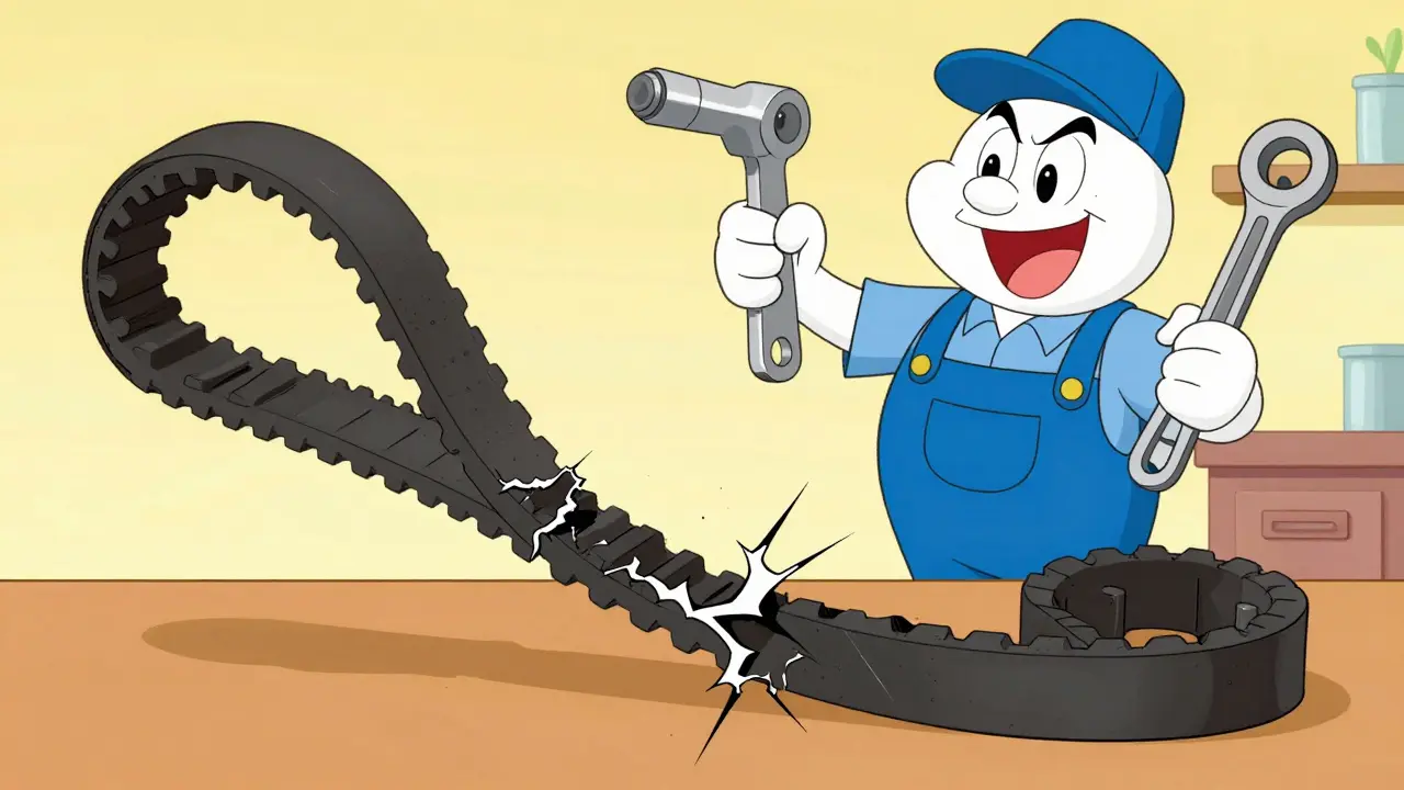 Треснувший ремень ГРМ и механик с новой деталью в стиле мультфильма