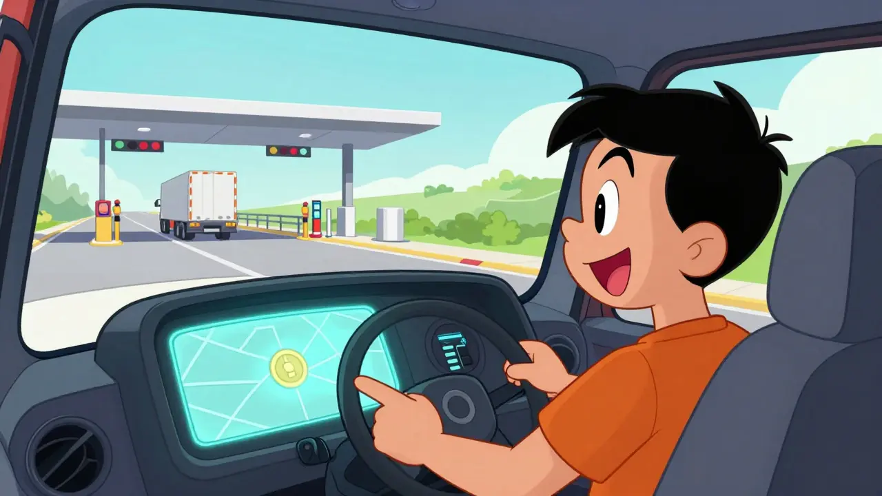 Водитель грузовика использует цифровую оплату дорог в навигаторе