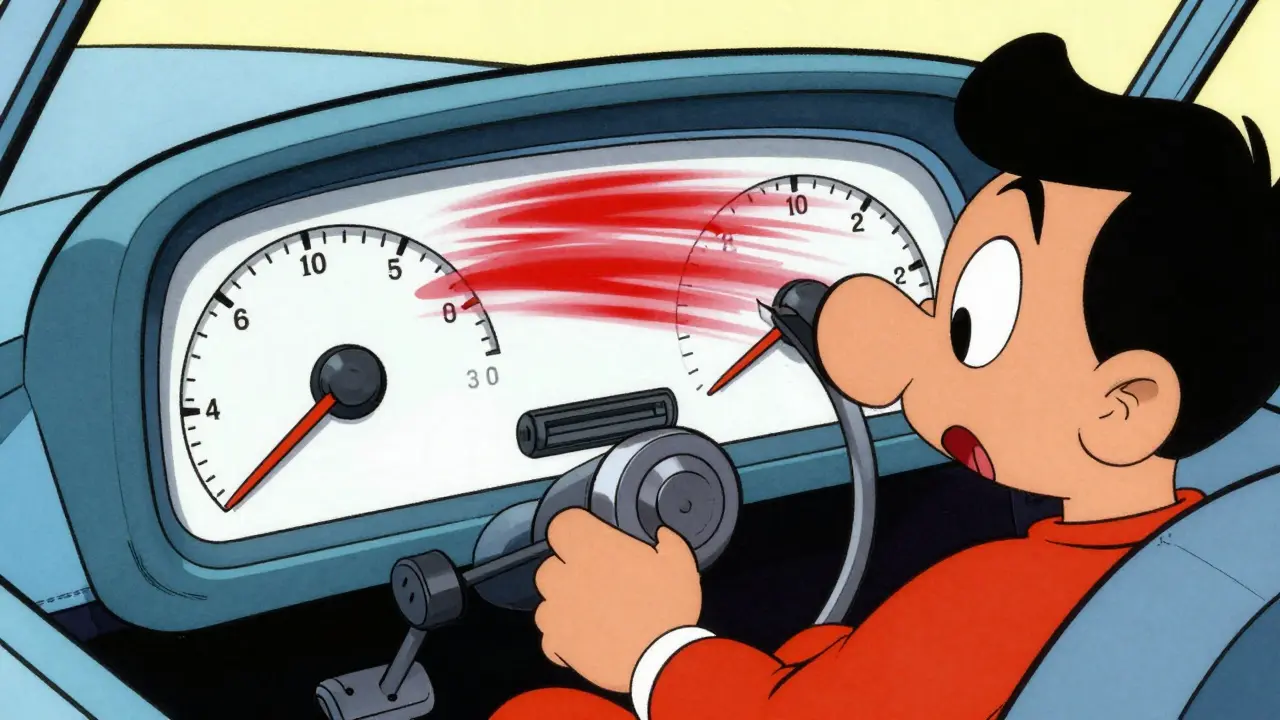 Водитель наблюдает за скачком стрелки тахометра при тестировании АКПП